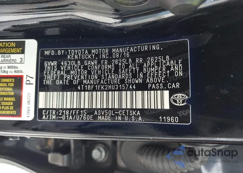 2017 Toyota Camry Se z USA, uszkodzony, nr VIN 4T1BF1FK2HU315744